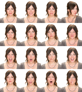 Woman multiple expression image on white background
