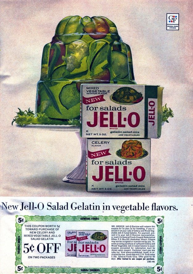 An ad for vegetable and celery-flavored Jell-O, which apparently existed.