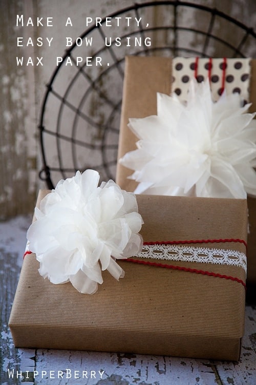 Dress up a brown box with a wax paper bow-snowball-fluffy-thing: