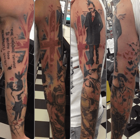 This tat with the works of Banksy is a seriously cool tri-color tribute.