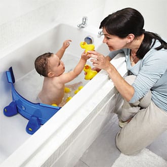 A bathtub divider saves water and eliminates the need for a bulky baby tub.
