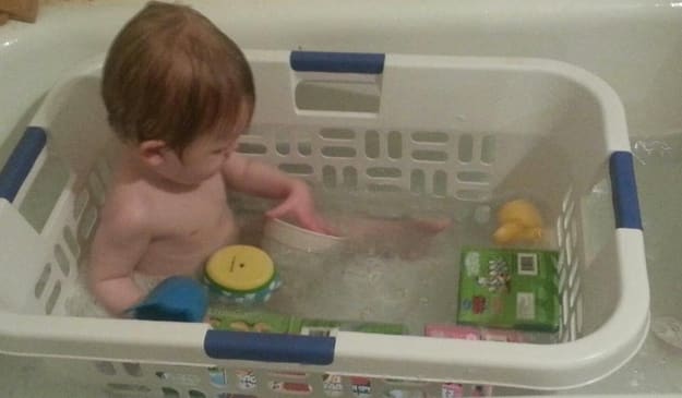 Bathe your child in a laundry basket so that their toys don&#39;t float away.