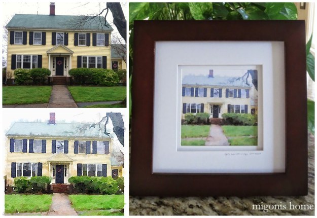 A framed "watercolor painting" of their childhood home.