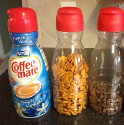 Keep small snacks in coffee creamer containers.