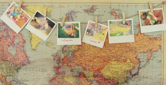 Turn your photos into faux polaroids and hang them on a small clothesline.