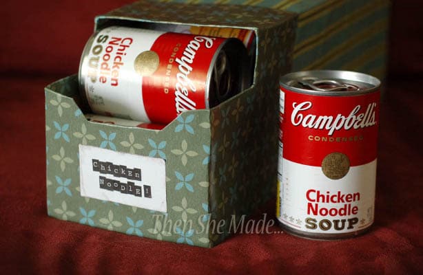 Use empty soda boxes to store soup cans.