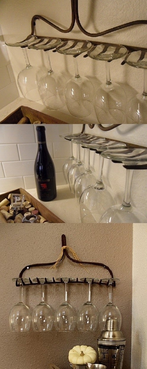 Use an old rake as a wineglass holder.