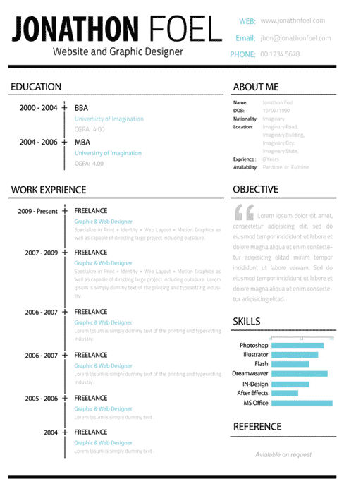 The left-hand side of this rÃ©sumÃ© is all business, while the right allows you to express your personality.