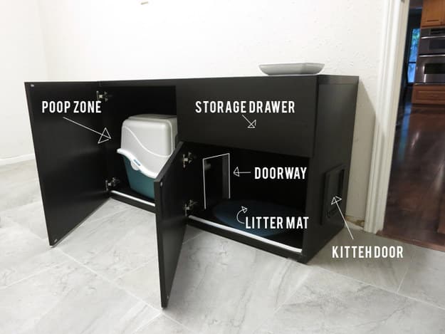Turn a BestÃ¥ shelf unit into a a luxurious bathroom for your cat.