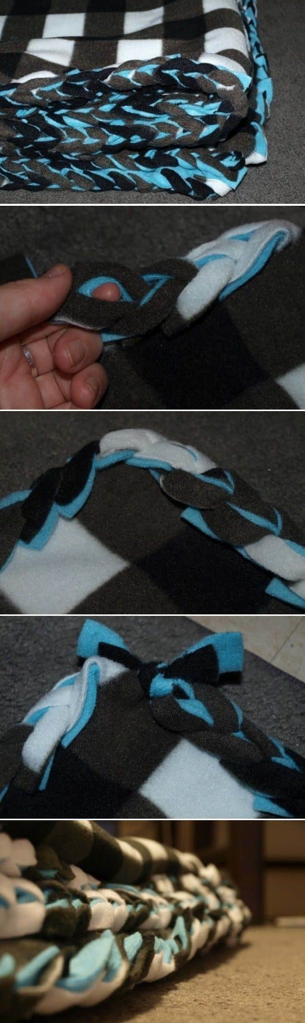 Braid the edges of a tie blanket instead of knotting them for a neater land less bulky look.