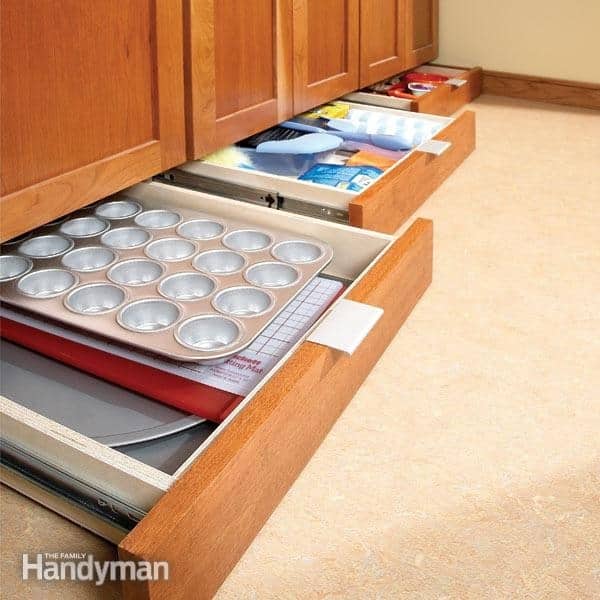 Maximize your space with baseboard drawers.