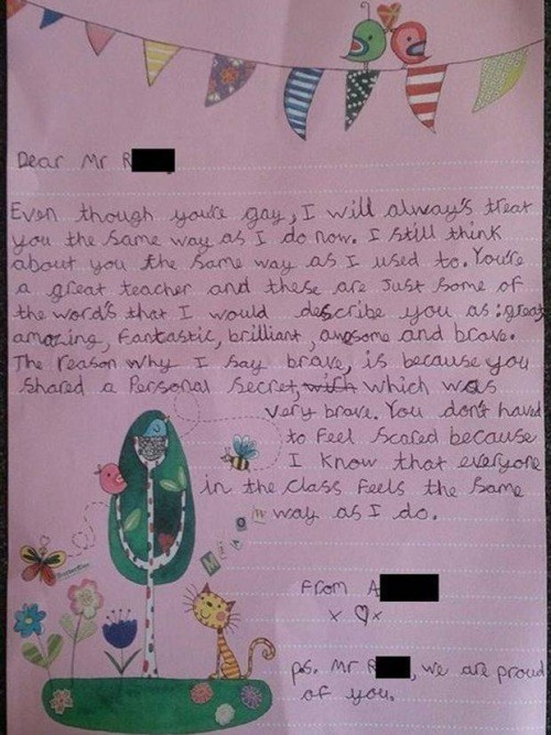 The little girl who wrote this letter to her teacher after he came out as gay.