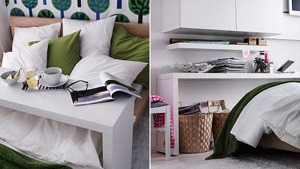 Get a console table for your bed that doubles as a shelf and a desk.