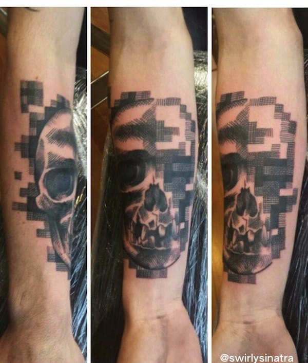 This artistically pixelated skull.