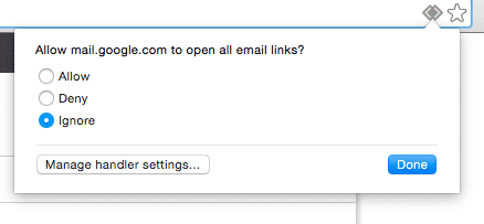 Hate that the Mac OS X Mail app opens every time you click a mail link? Make Gmail your default client for email links by going here, clicking the diamond icon in the browser bar, and selecting "Allow."
