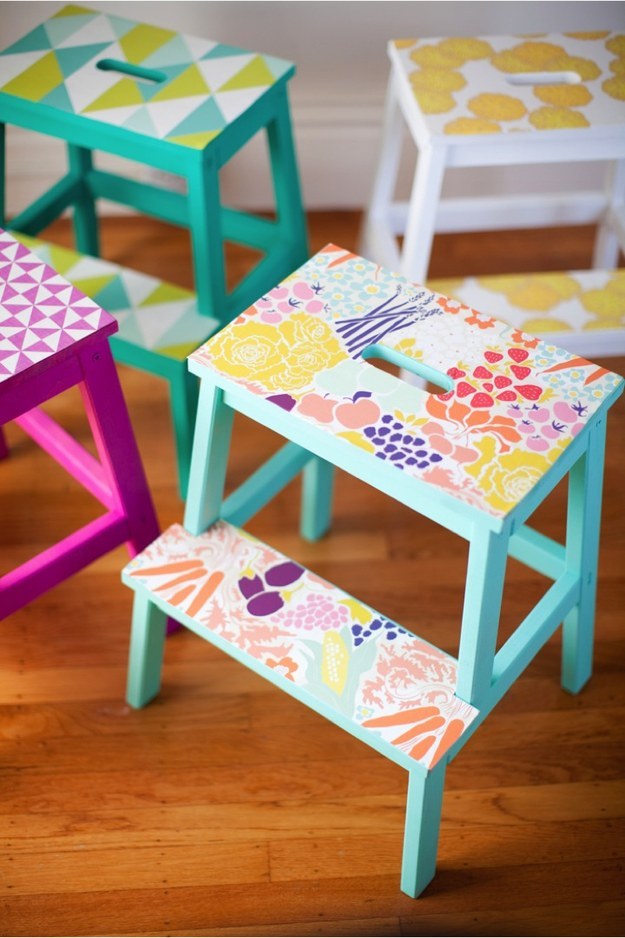 Brighten up a BekvÃ¤m step stool with a few sheets of removable wallpaper.