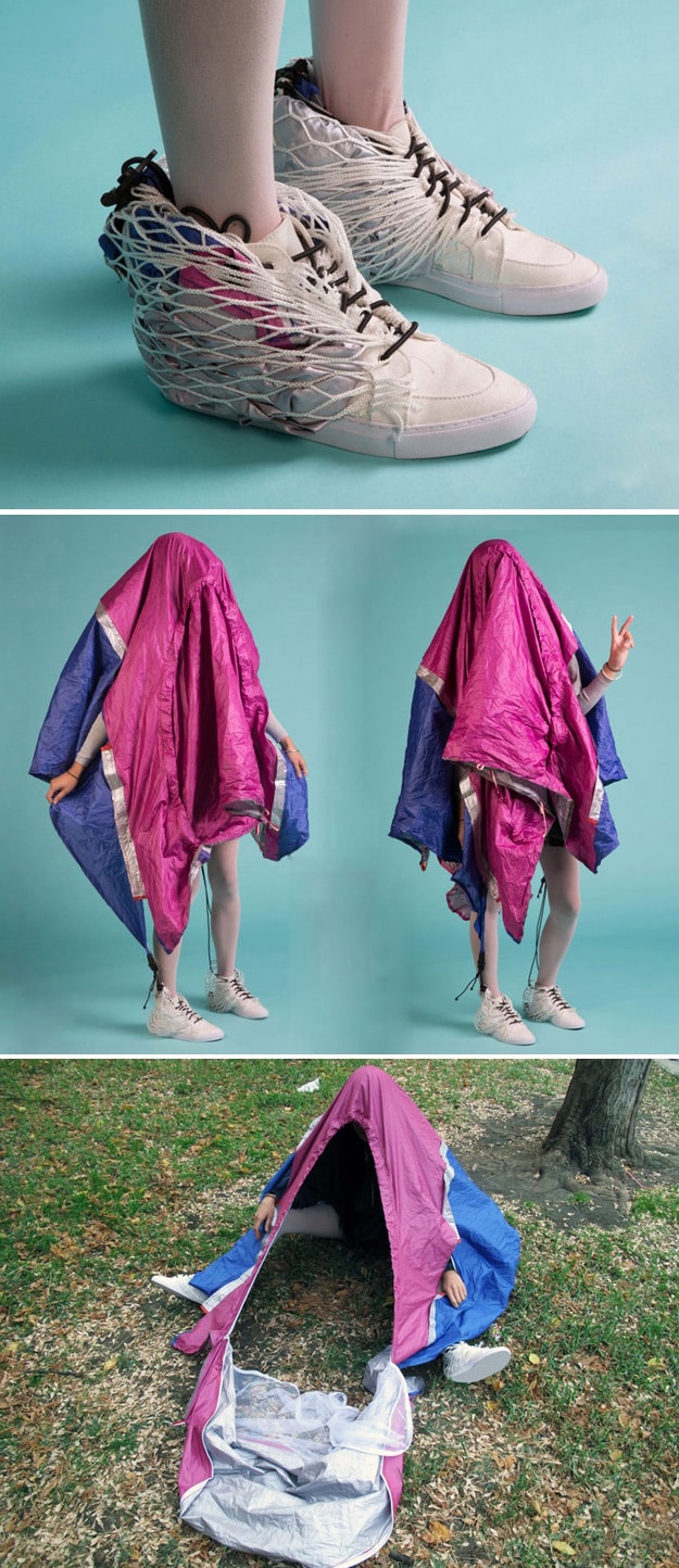 Shoes that easily transform into a mobile shelter.