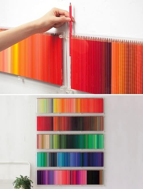 Organize art supplies into a rainbow display.
