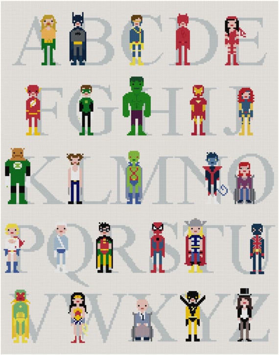 Stitch this superhero-themed alphabet.