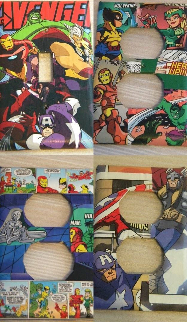 Use old comic books to cover light switches and outlets.