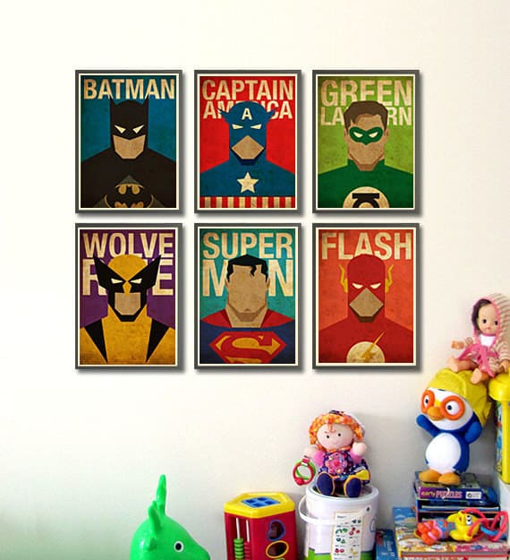 Decorate your kid's walls with these vintage, minimalist superhero posters.