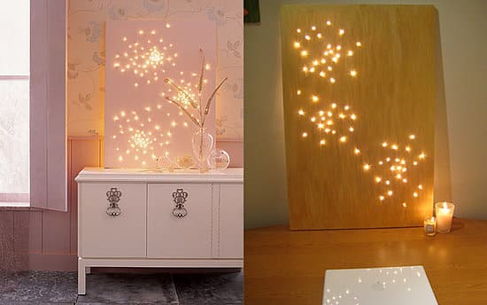 Create constellation art with string lights and a canvas.