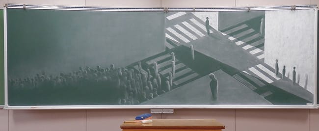 <p>Finally, this geometric, monochrome entry from the Niiza Technology High School in the Saitama Prefecture shows another interpretation of coming into one's adulthood. The crowd approaching from the left represents the students, who have been functioning as a collective, as they approach the intersection of graduation that will take them down individual paths. </p>