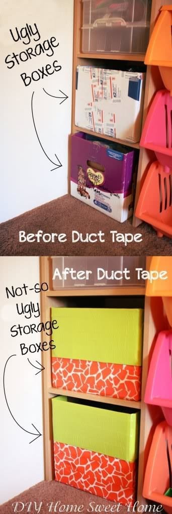 Transform ugly cardboard boxes into attractive storage containers with duct tape.