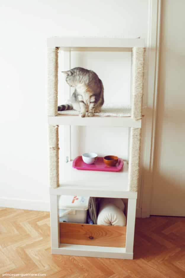 And stack those end tables to create shelves for your cat to lounge on, and for pet supply storage.
