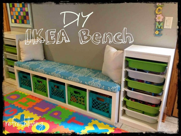 Have a spare Ikea Kallax shelf hanging around the house? Turn it into a bench.