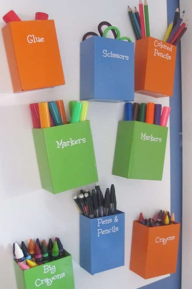 Make a magnetic art center using metal containers, magnets, and a metal board.