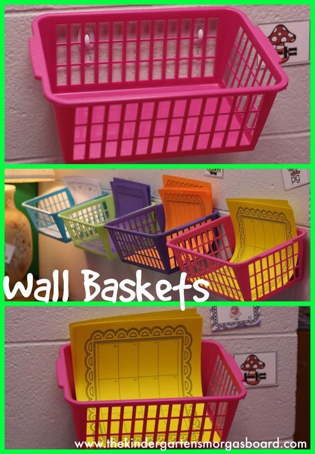 Use Command hooks to hang up baskets on the walls of your room.