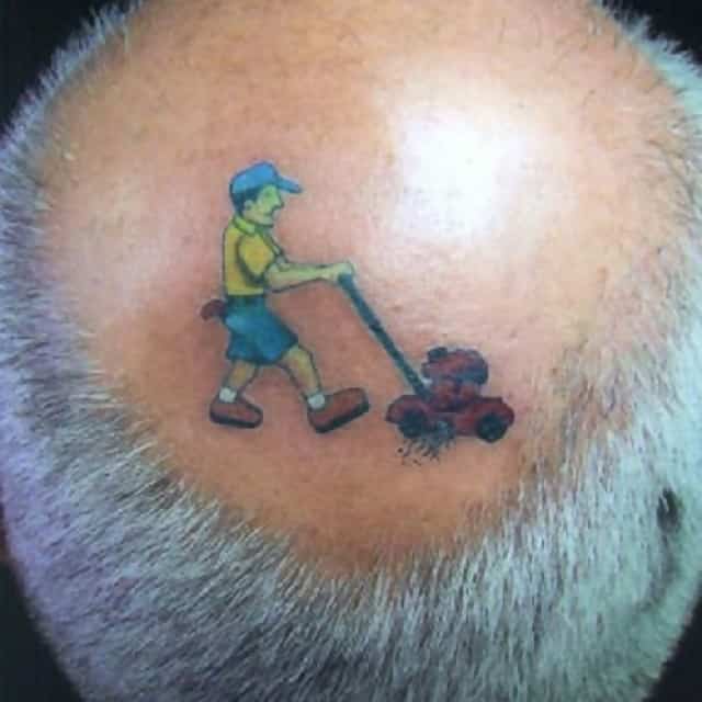 A man has had a man mowing the lawn tattooed inside the bald patch on his head