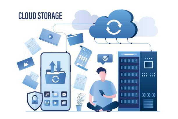 Big smartphone, male user uploading files in cloud storage. Upload and download data with remote servers via cloud technologies. Big smartphone, male user uploading files in cloud storage. Upload and download data with remote servers via cloud technologies. Information storage service, safe server, database. Vector illustration cloud storage stock illustrations