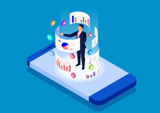 Smartphone online data analysis and management tool, data analysis mobile application Smartphone online data analysis and management tool, data analysis mobile application cloud services tools stock illustrations